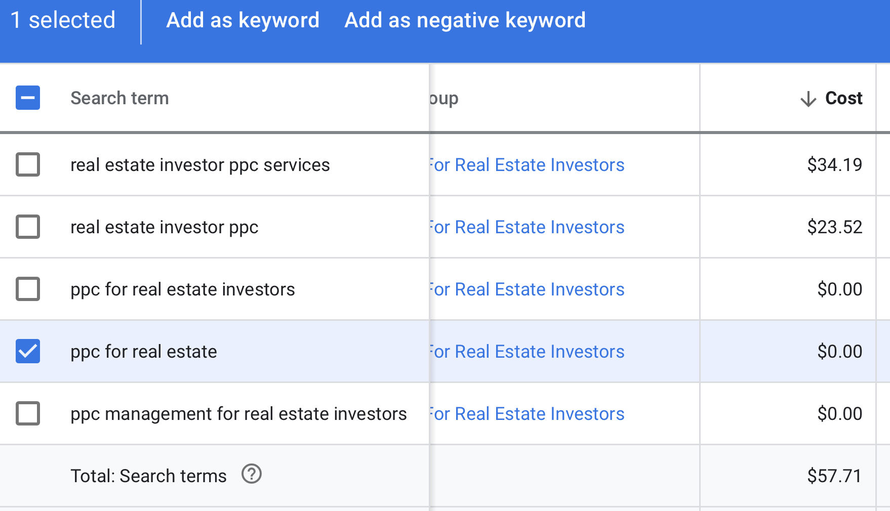 Click the box to the left of a keyword you want to turn into a negative keyword.