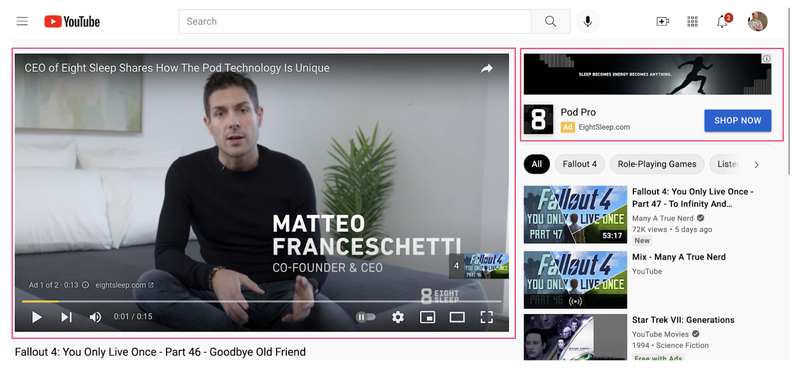 example of a youtube video with google ads highlighted